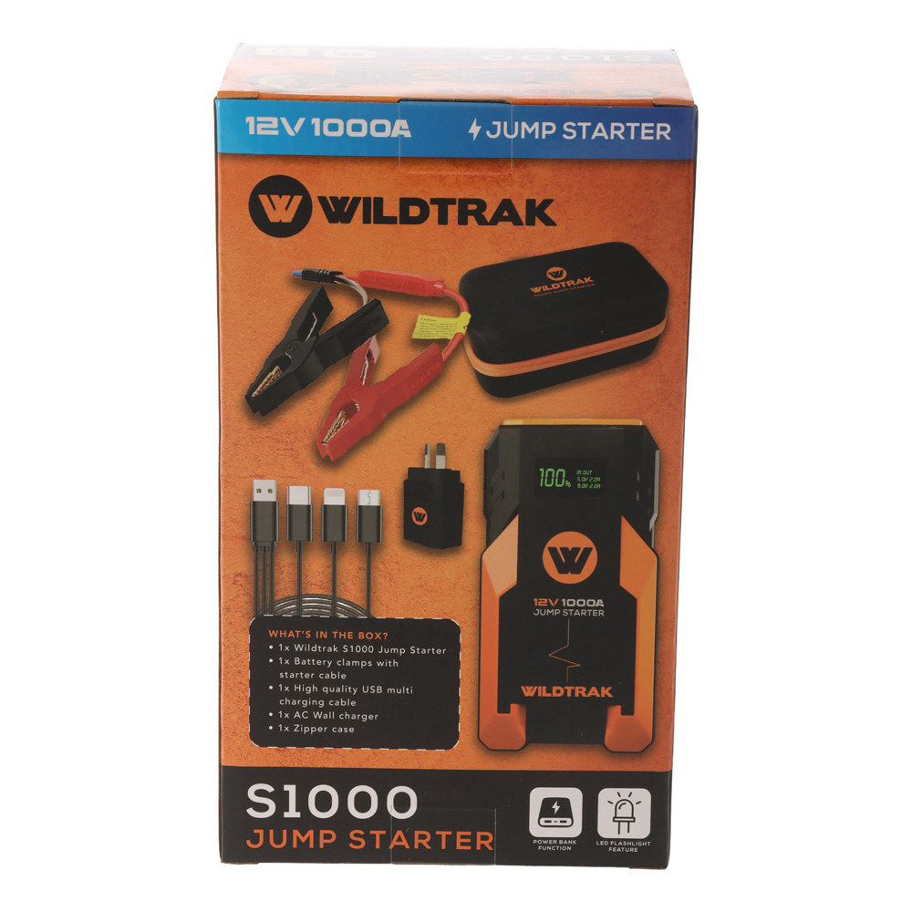 Wildtrak S1000A Portable Jump Starter Power Bank 12V 12800mAh Wildtrak S1000A portable 12V jump starter and 12800mAh power bank with compact rugged design and digital display for emergency vehicle starting and portable device charging
