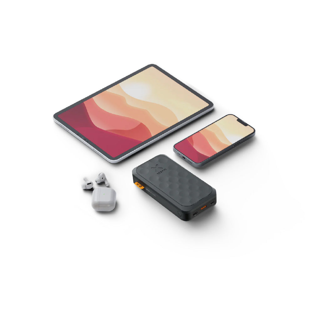 Xtorm Fuel Series 5 power bank with 20,000mAh battery capacity, 35W fast charging, USB-C Power Delivery and compact portable design for charging smartphones, tablets and devices while travelling, commuting and outdoors.