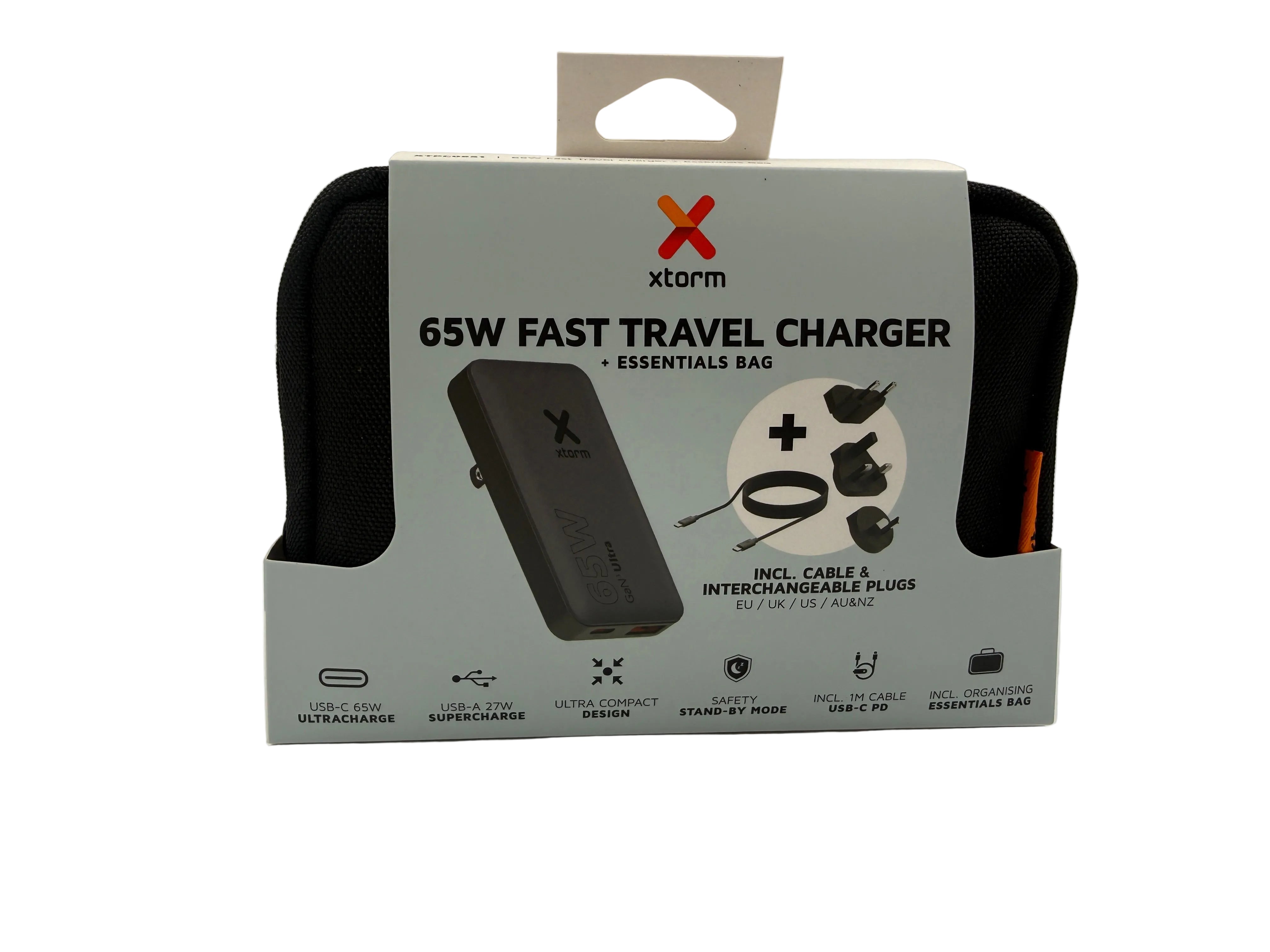 Xtorm 65W fast travel charger kit including USB-C Power Delivery charger, charging cable, interchangeable international plug adapters and essentials storage bag for charging laptops, tablets and smartphones while travelling worldwide.