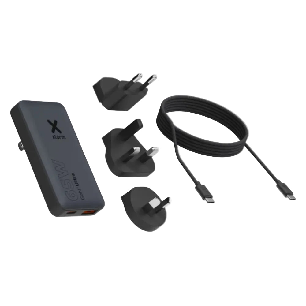Xtorm 65W fast travel charger kit including USB-C Power Delivery charger, charging cable, interchangeable international plug adapters and essentials storage bag for charging laptops, tablets and smartphones while travelling worldwide.