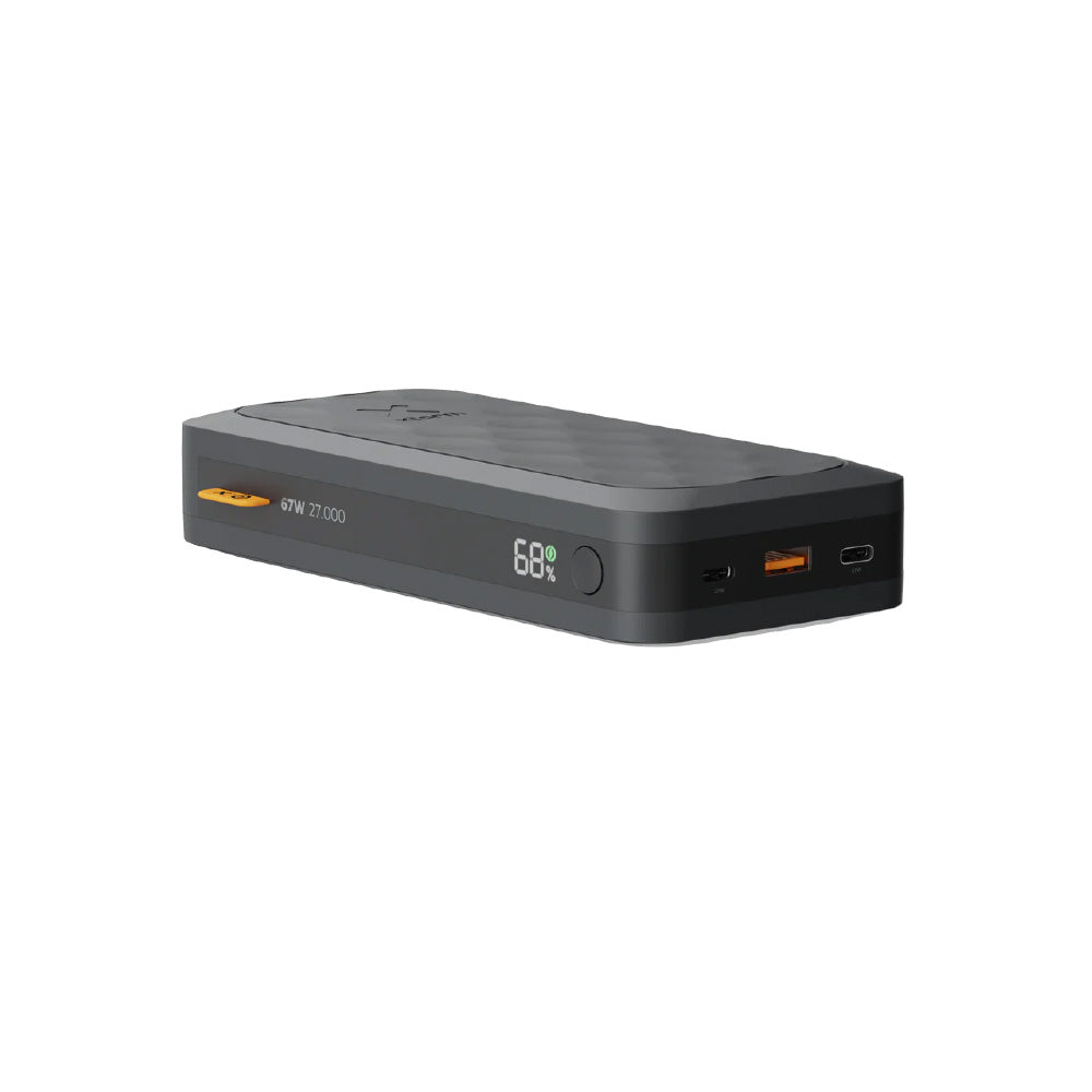 Xtorm Fuel Series 5 power bank with 27,000mAh battery capacity, 67W fast charging, USB-C Power Delivery ports and digital battery display for charging laptops, tablets, smartphones and other devices while travelling or working remotely.