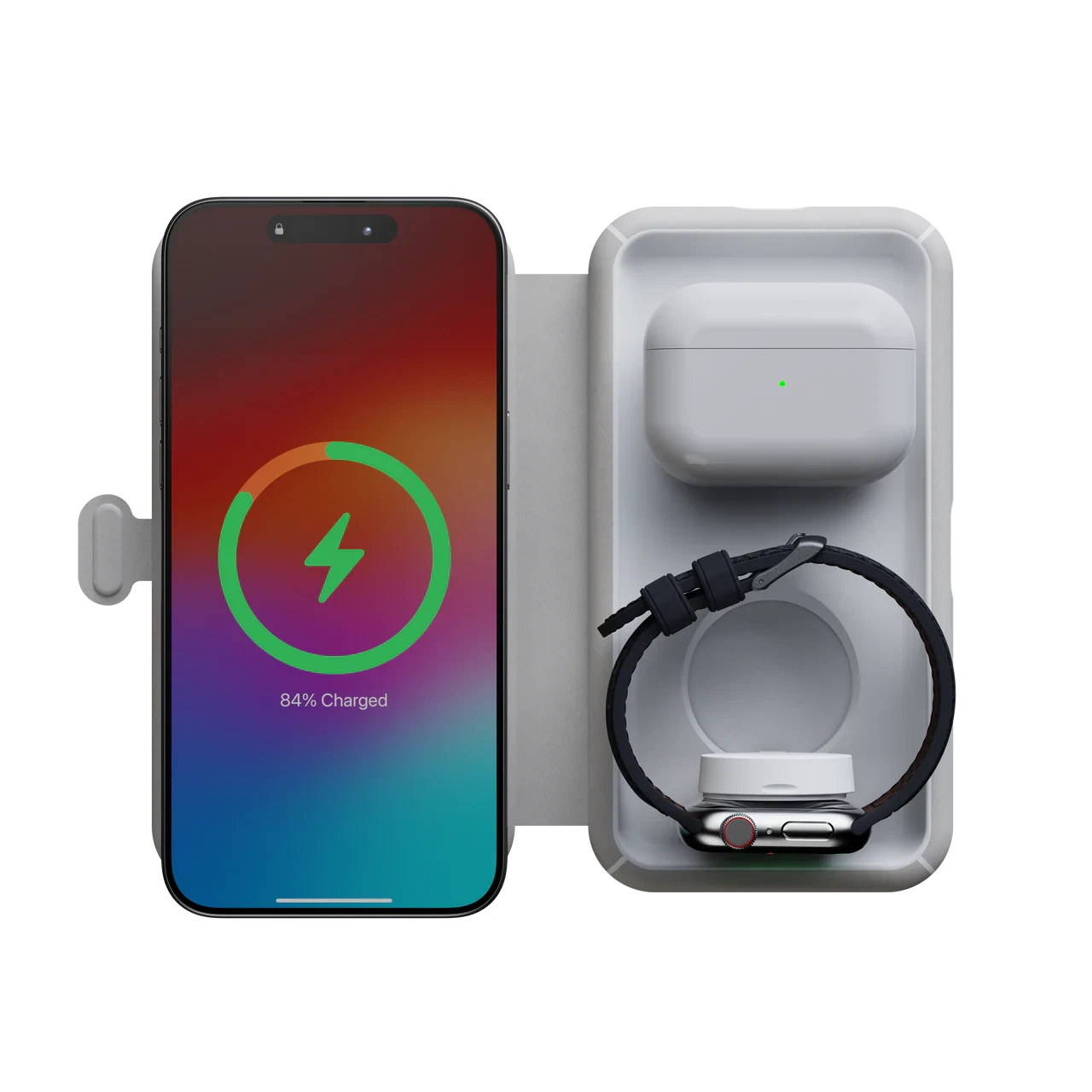 Xtorm foldable 3-in-1 wireless travel charger with compact magnetic design for charging a smartphone, smartwatch and wireless earbuds simultaneously, ideal for travel, office and everyday use.