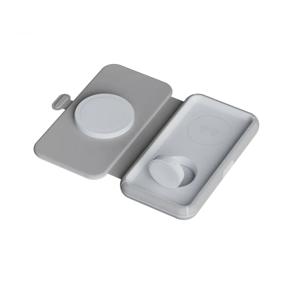 Xtorm foldable 3-in-1 wireless travel charger with compact magnetic design for charging a smartphone, smartwatch and wireless earbuds simultaneously, ideal for travel, office and everyday use.