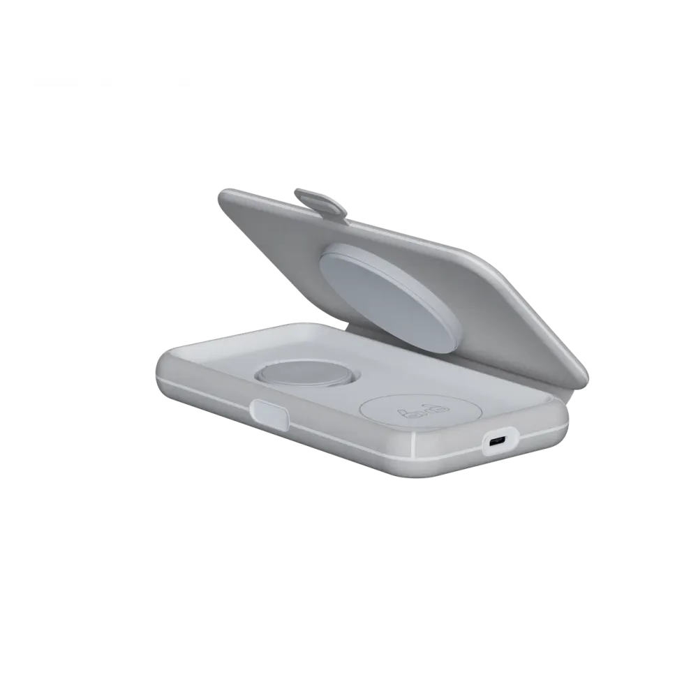 Xtorm foldable 3-in-1 wireless travel charger with compact magnetic design for charging a smartphone, smartwatch and wireless earbuds simultaneously, ideal for travel, office and everyday use.