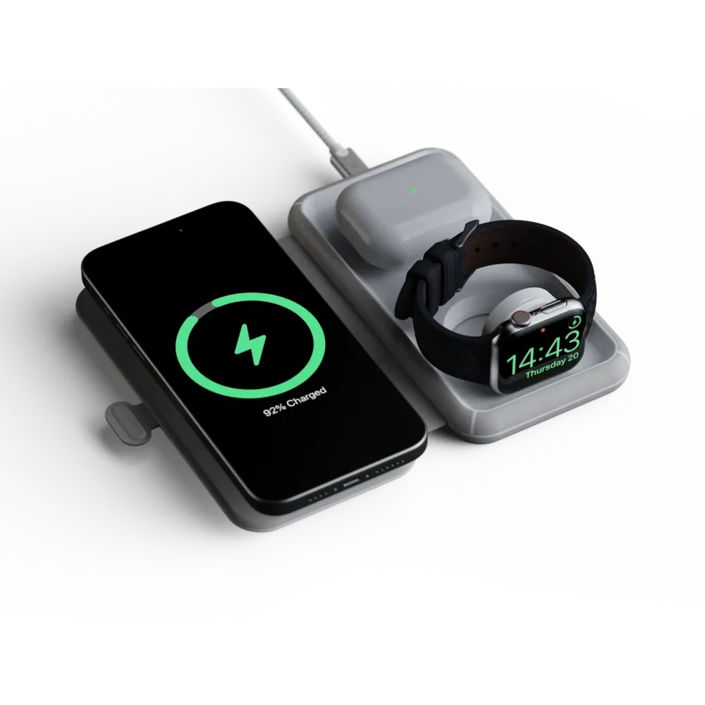 Xtorm foldable 3-in-1 wireless travel charger with compact magnetic design for charging a smartphone, smartwatch and wireless earbuds simultaneously, ideal for travel, office and everyday use.
