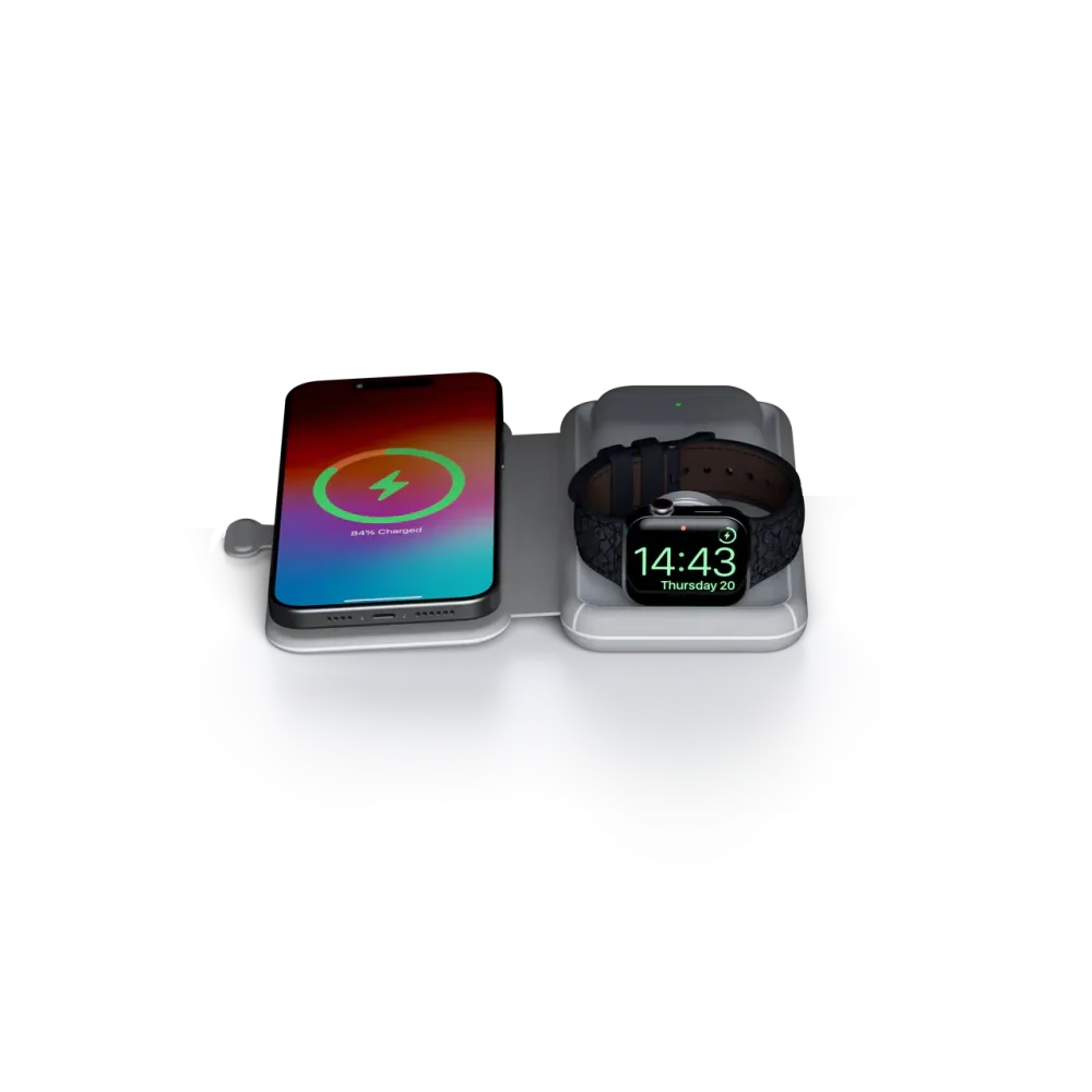 Xtorm foldable 3-in-1 wireless travel charger with compact magnetic design for charging a smartphone, smartwatch and wireless earbuds simultaneously, ideal for travel, office and everyday use.