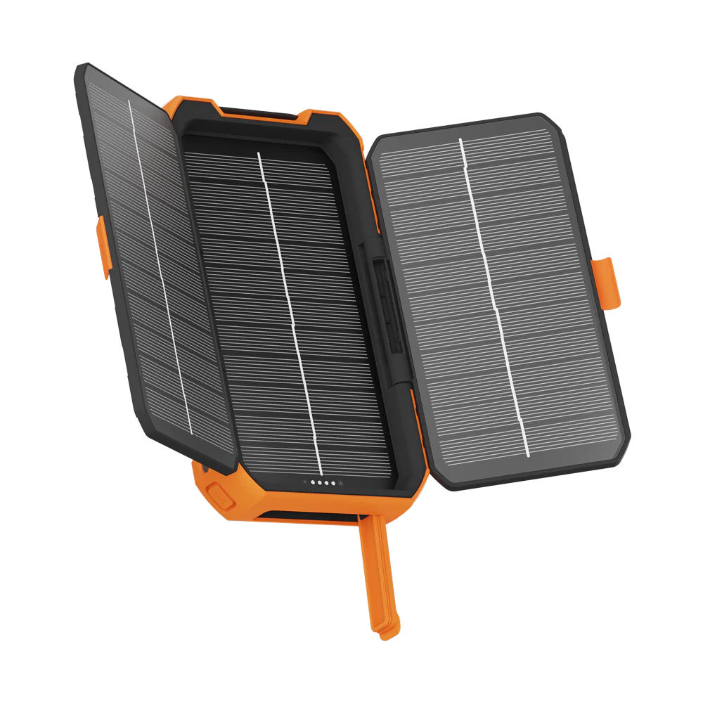 Xtorm rugged solar power bank with 10,000mAh battery capacity, 20W fast charging and fold-out solar panels designed for camping, hiking, travel, emergency preparedness and off-grid device charging.