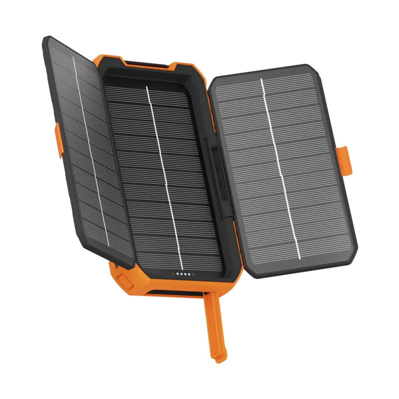 Xtorm rugged solar power bank with 10,000mAh battery capacity, 20W fast charging and fold-out solar panels designed for camping, hiking, travel, emergency preparedness and off-grid device charging.