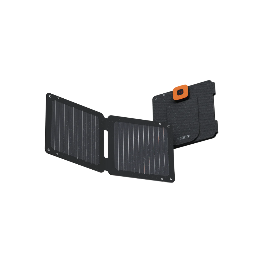 Xtorm SolarBooster 14W portable solar charger with foldable dual-panel design and lightweight construction for charging smartphones, power banks and USB devices during camping, hiking, travel and outdoor adventures.