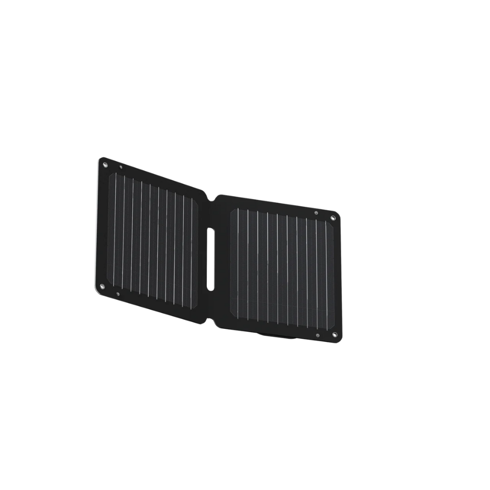 Xtorm SolarBooster 14W portable solar charger with foldable dual-panel design and lightweight construction for charging smartphones, power banks and USB devices during camping, hiking, travel and outdoor adventures.