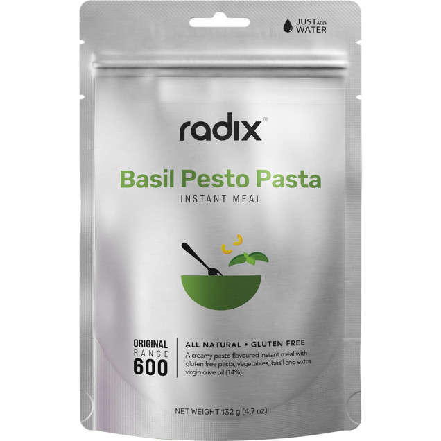 Front of Radix Basil Pesto Pasta pouch featuring green bowl graphic with fork, minimalist silver background