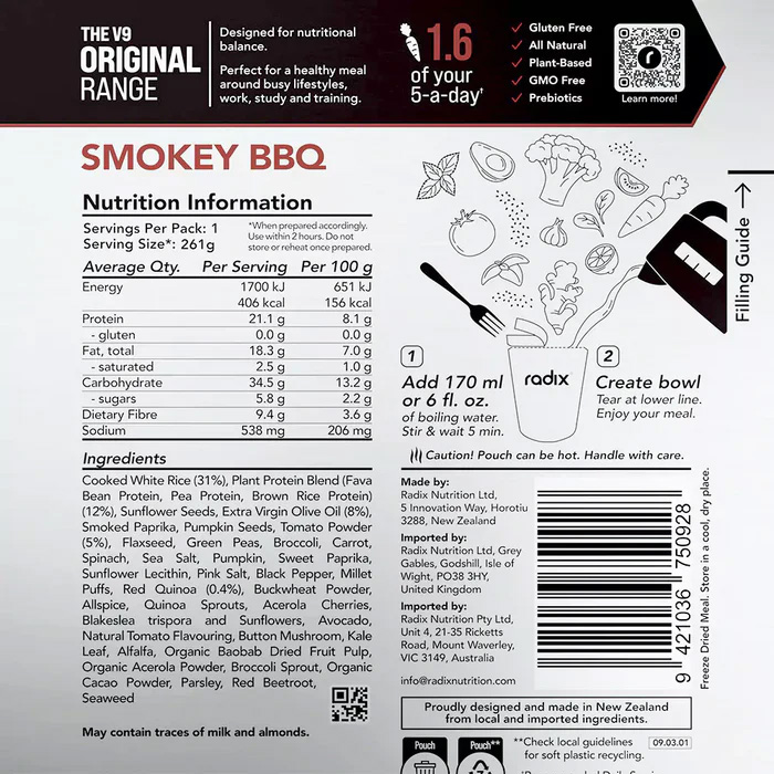 Front of Radix Smokey BBQ Meal pouch with deep red bowl graphic and minimalist BBQ icon