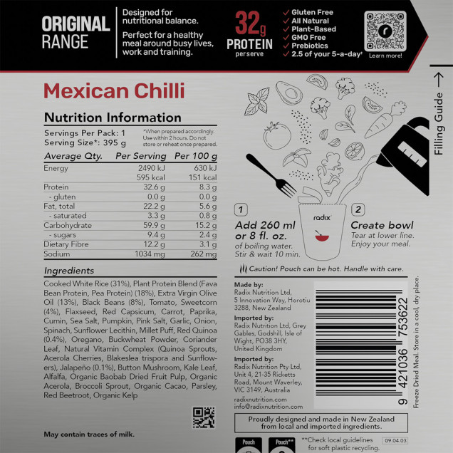 Front of Radix Mexican Chilli pouch featuring red bowl graphic and chili pepper icon on silver background