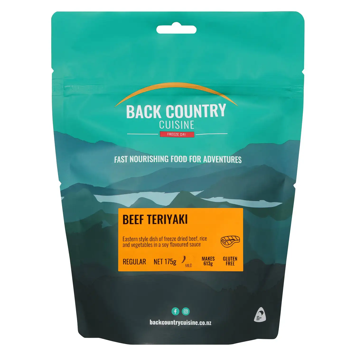 Back Country Cuisine Beef Teriyaki small 90g freeze dried camping meal with beef, rice and vegetables in soy flavoured sauce gluten free