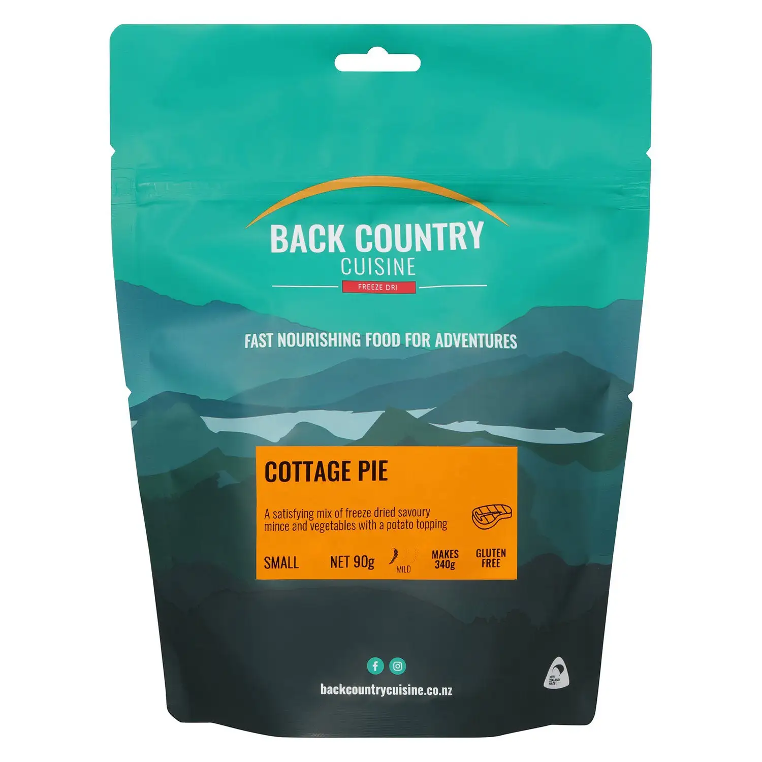 Back Country Cuisine Cottage Pie freeze dried camping meal with savoury mince vegetables and potato topping gluten free lightweight hiking food