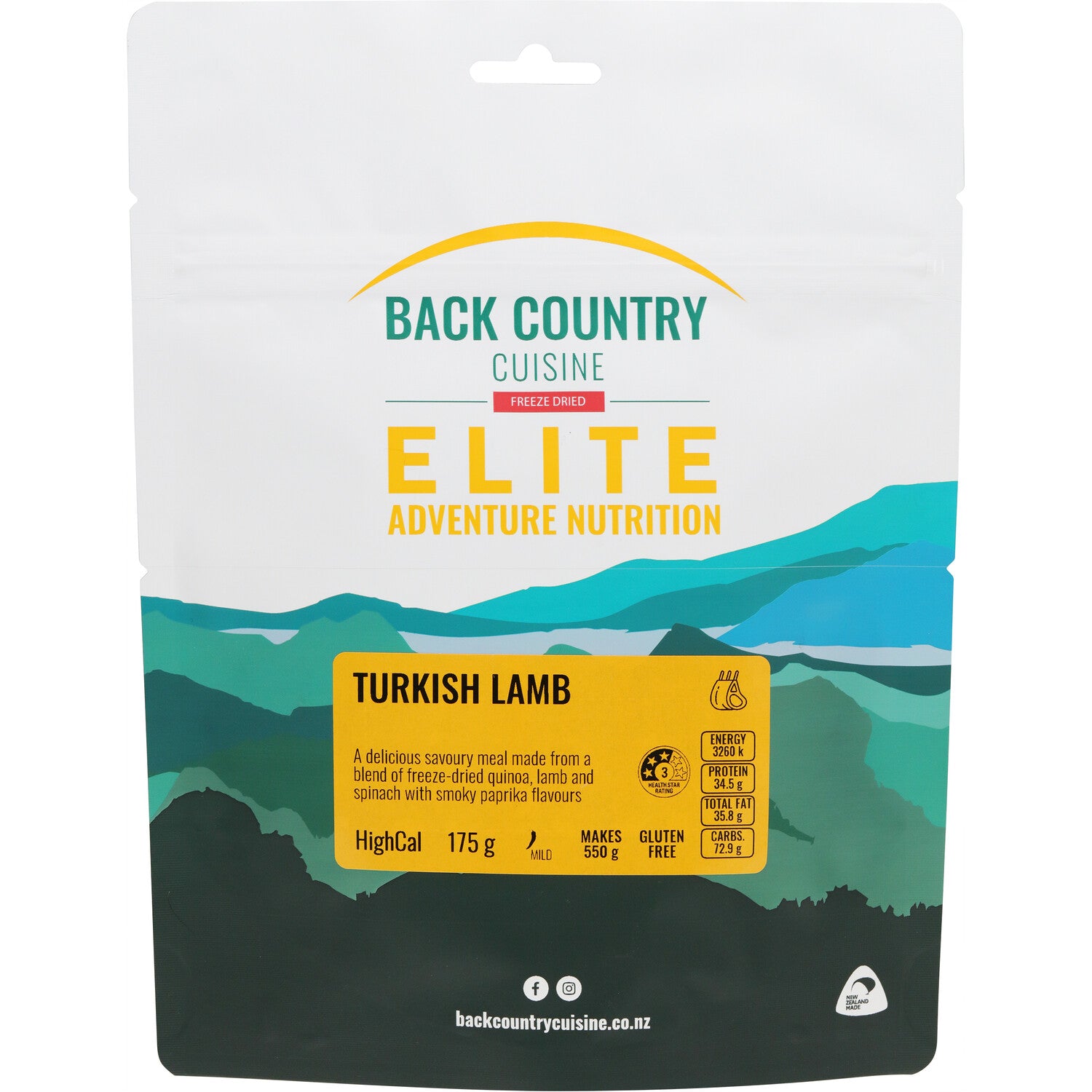 Back Country Cuisine Elite Turkish Lamb HighCal 175g freeze dried quinoa lamb and spinach with smoky paprika flavours mild gluten free adventure nutrition meal makes 550g high calorie lightweight outdoor camping food