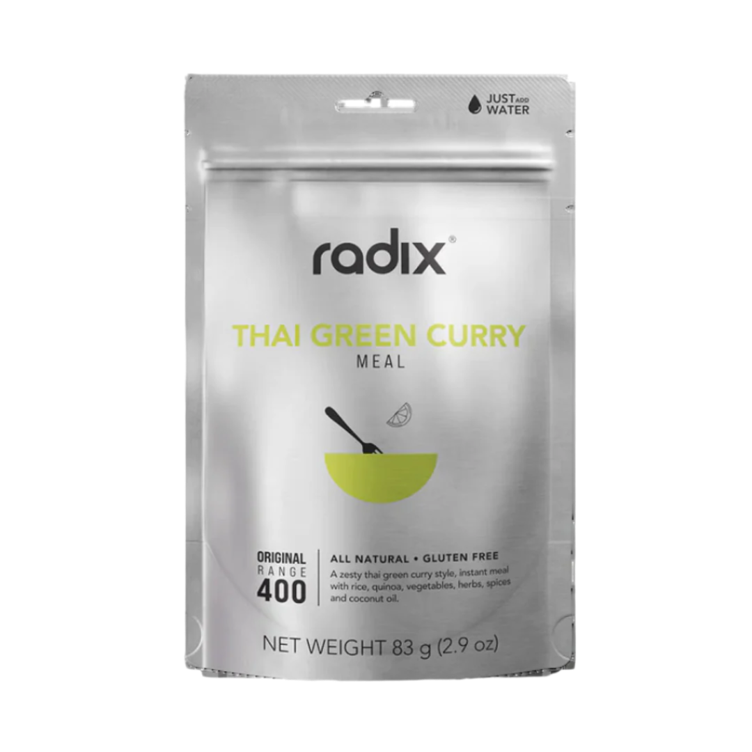 Front view of Radix Thai Green Curry Meal pouch with light green bowl graphic and minimalist design