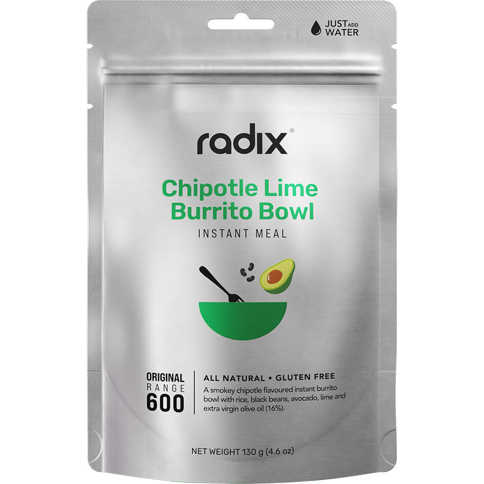 Front of Radix Chipotle Lime Burrito Bowl pouch with a green bowl graphic, lime slice illustration, and clean silver background