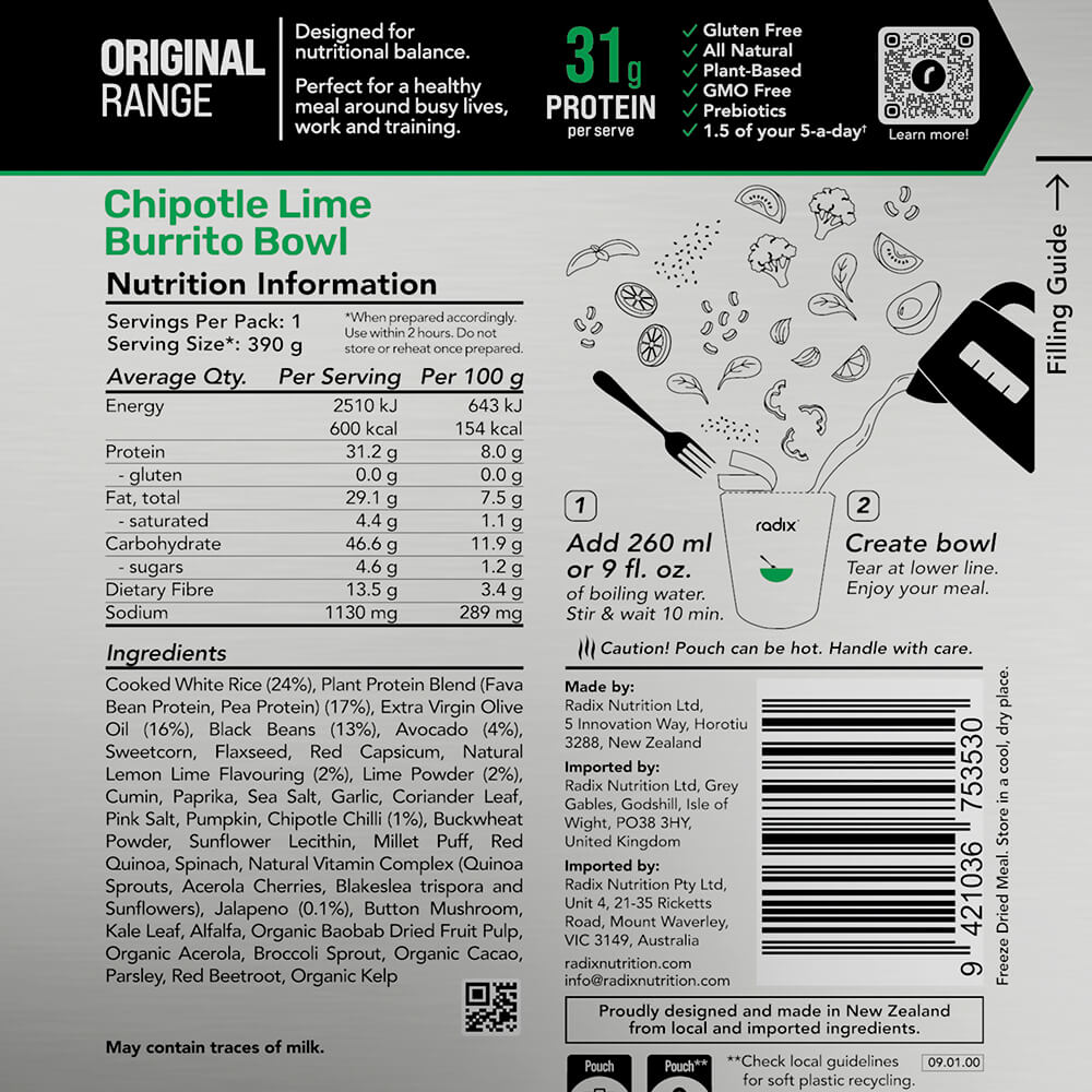 Front of Radix Chipotle Lime Burrito Bowl pouch with a green bowl graphic, lime slice illustration, and clean silver background