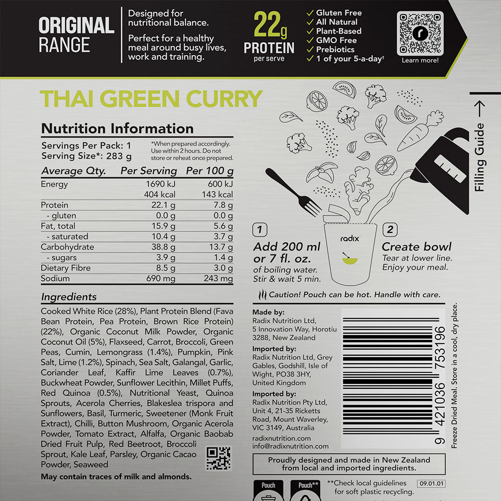 Front view of Radix Thai Green Curry Meal pouch with light green bowl graphic and minimalist design
