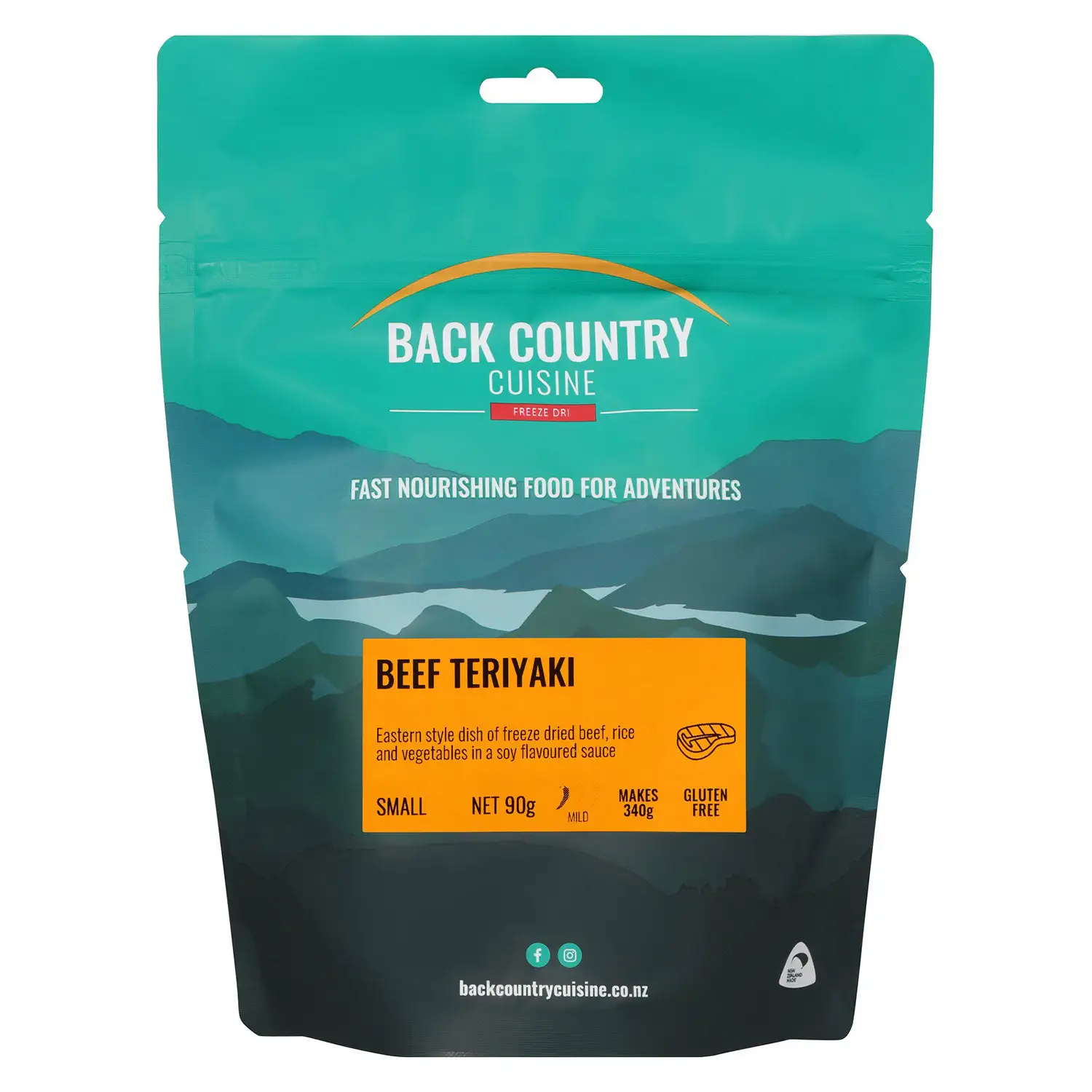 Back Country Cuisine Beef Teriyaki Freeze Dried Meal Back Country Cuisine Beef Teriyaki small 90g freeze dried camping meal with beef, rice and vegetables in soy flavoured sauce gluten free