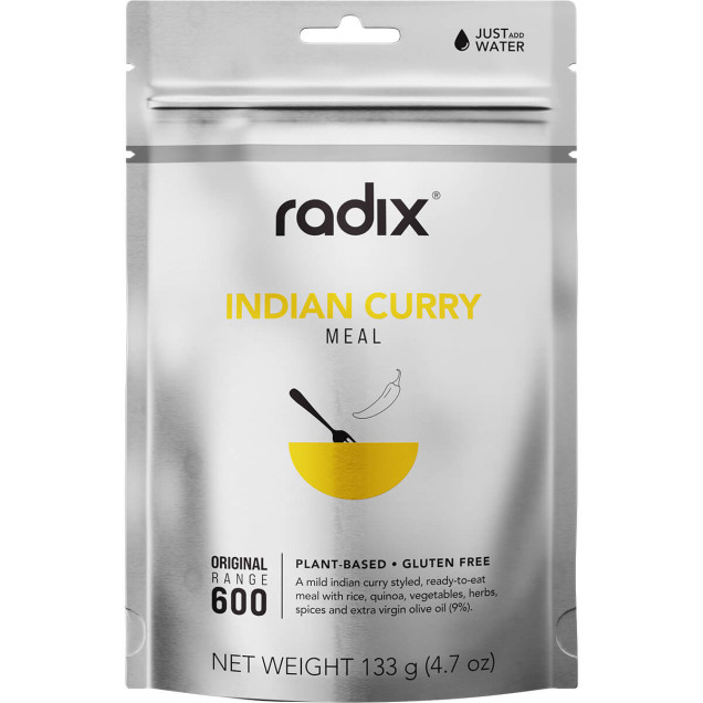 Front of Radix Indian Curry pouch featuring yellow bowl graphic and spice illustration on a silver background