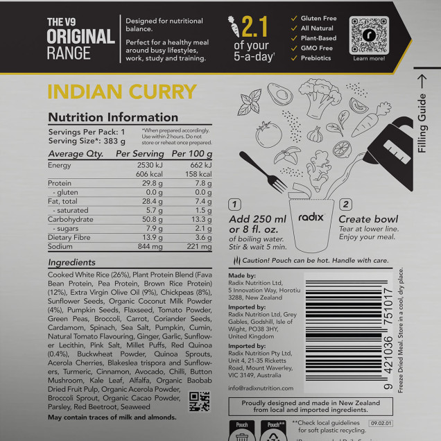 Front of Radix Indian Curry pouch featuring yellow bowl graphic and spice illustration on a silver background