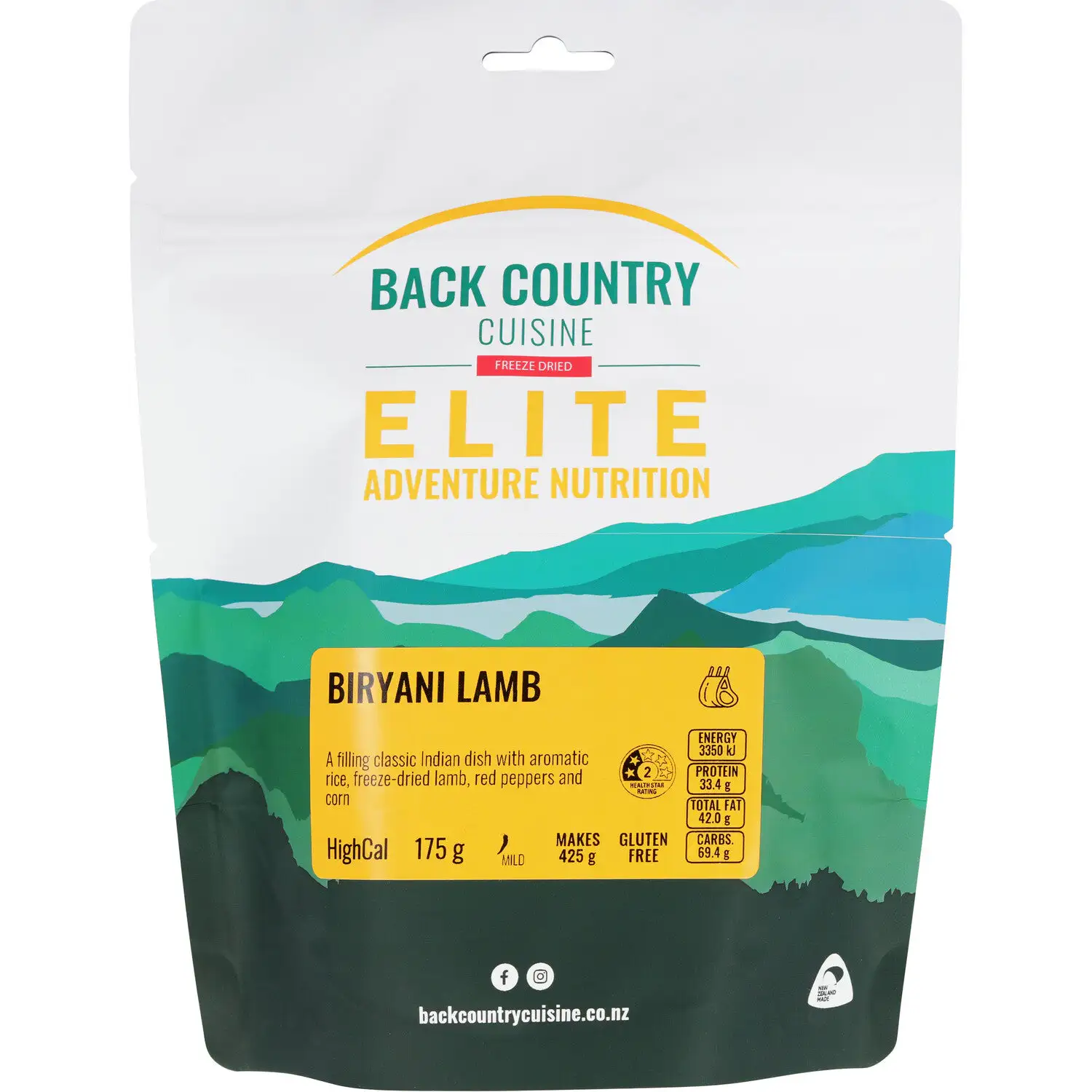 Back Country Cuisine Elite Biryani Lamb high calorie 175g freeze dried camping meal with lamb, aromatic rice and vegetables gluten free adventure nutrition