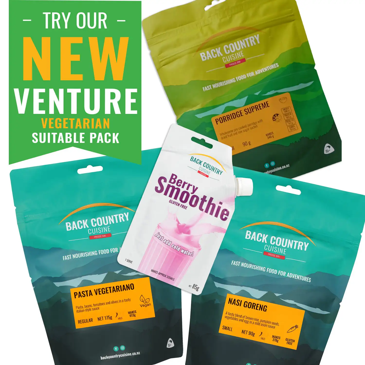 Back Country Cuisine vegetarian adventure meal pack with pasta vegetariano, nasi goreng, porridge supreme, and berry smoothie freeze dried meals