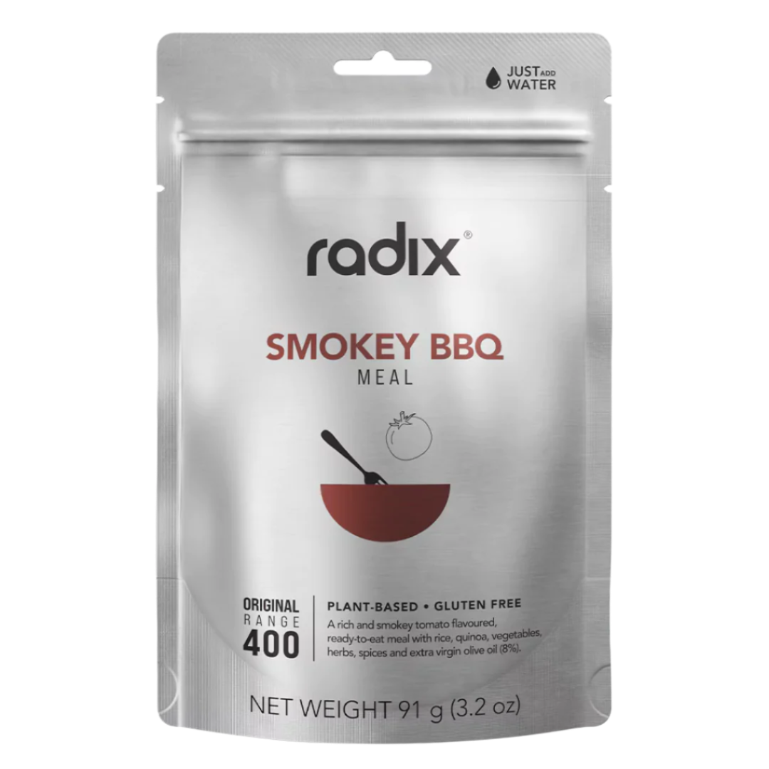 Front of Radix Smokey BBQ Meal pouch with deep red bowl graphic and minimalist BBQ icon