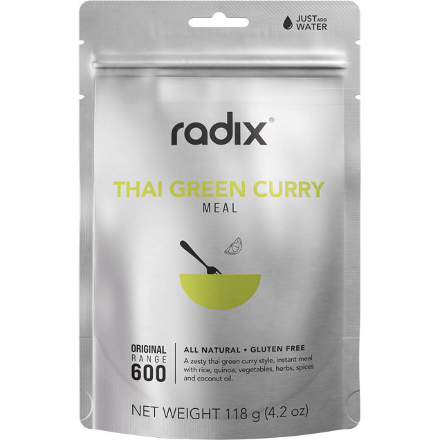 Front of Radix Thai Green Curry pouch with light green bowl graphic and minimalist ingredient illustration on silver background