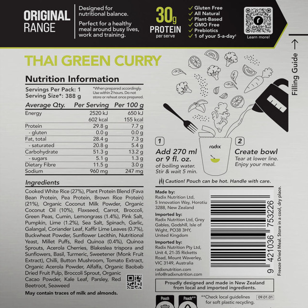 Front of Radix Thai Green Curry pouch with light green bowl graphic and minimalist ingredient illustration on silver background