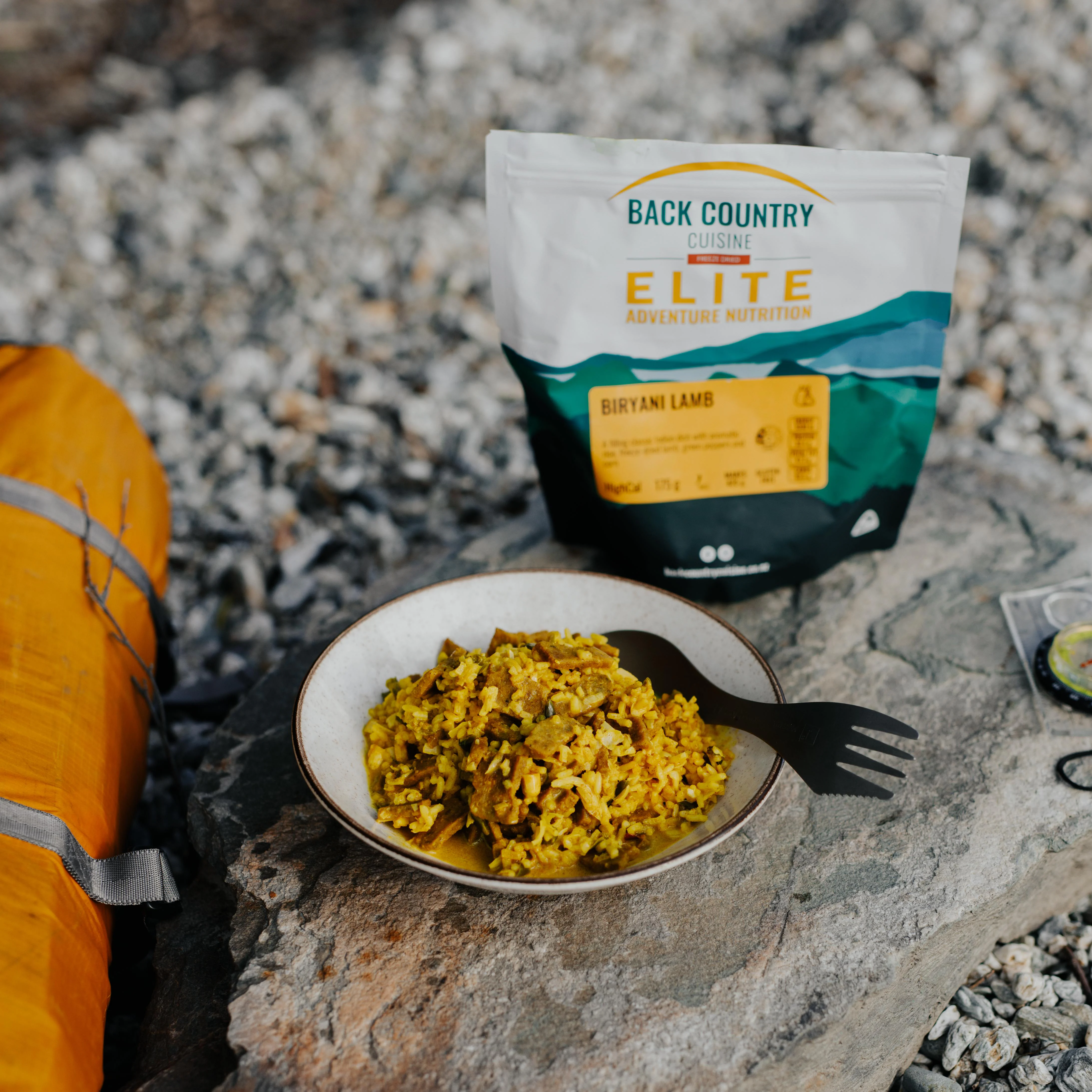 Back Country Cuisine Elite Biryani Lamb Freeze Dried Meal Back Country Cuisine Elite Biryani Lamb high calorie 175g freeze dried camping meal with lamb, aromatic rice and vegetables gluten free adventure nutrition