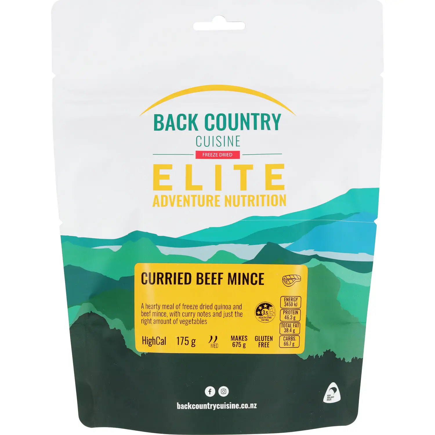 Back Country Cuisine Curried Beef Mince HighCal 175g freeze dried camping meal with quinoa and beef mince in curry sauce gluten free lightweight hiking food makes 675g