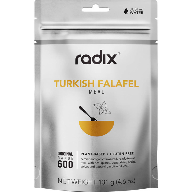Front of Radix Turkish Falafel pouch featuring yellow bowl graphic and ingredient sketch, on silver background packaging