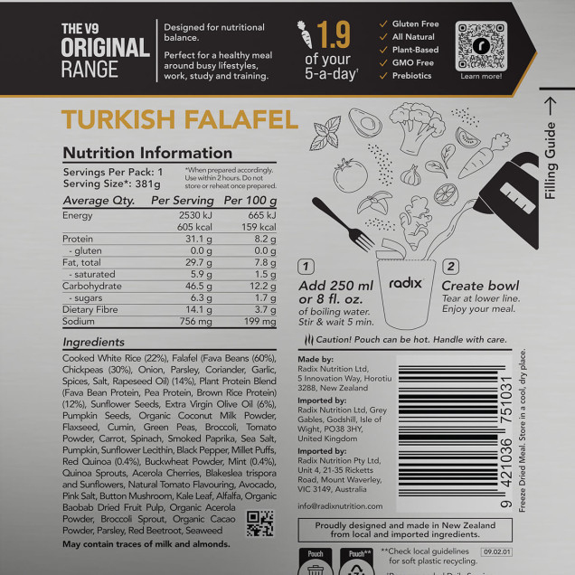 Front of Radix Turkish Falafel pouch featuring yellow bowl graphic and ingredient sketch, on silver background packaging
