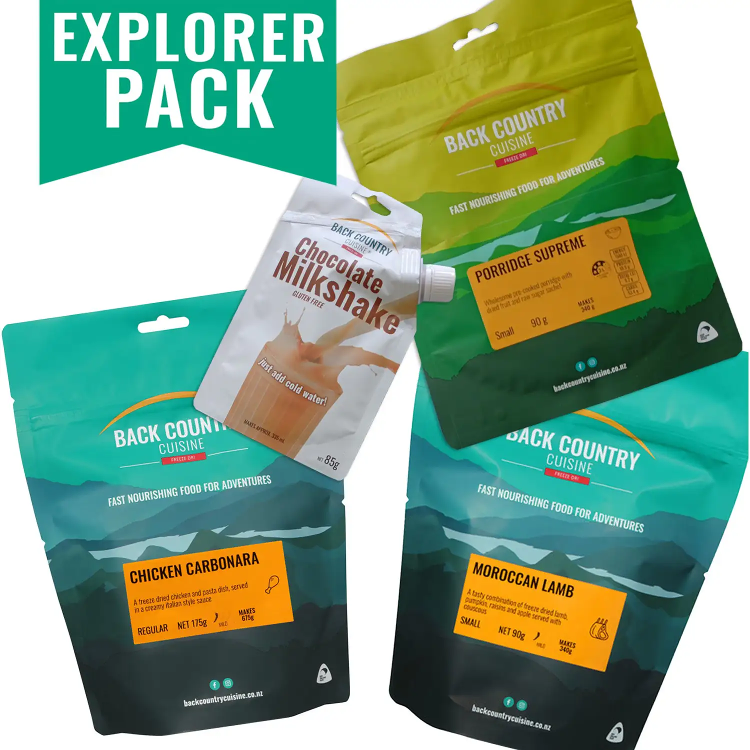Back Country Cuisine Explorer Pack Back Country Cuisine explorer meal pack with chicken carbonara, moroccan lamb, porridge supreme, and chocolate milkshake freeze dried meals