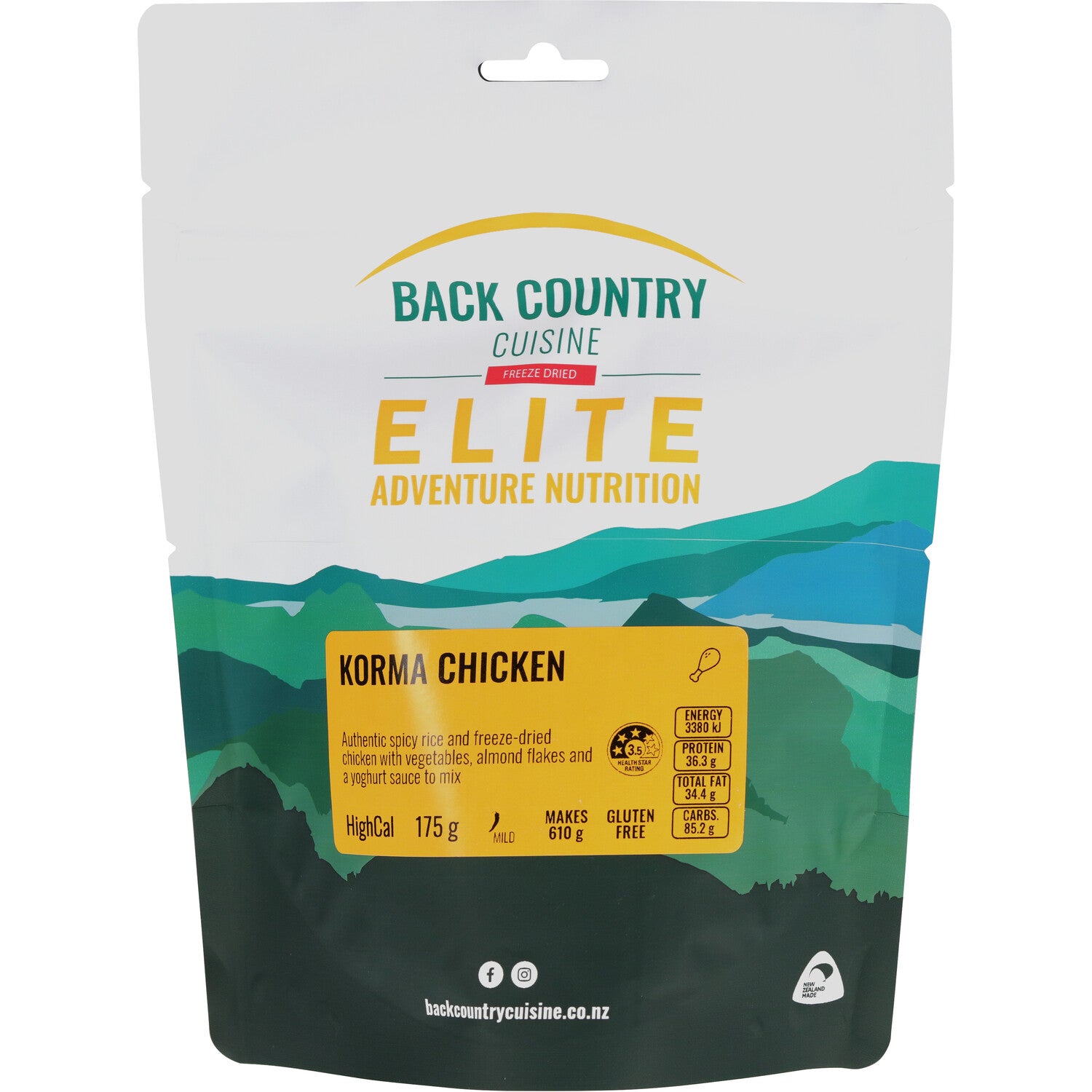 Back Country Cuisine Korma Chicken Elite Adventure Nutrition high cal 175g gluten free freeze dried camping meal mild spicy rice chicken with vegetables almond flakes yoghurt sauce makes 610g outdoor adventure food