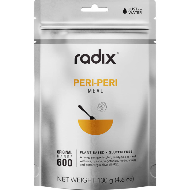 Front of Radix Peri-Peri meal pouch with orange bowl illustration and minimalistic design on a metallic silver background
