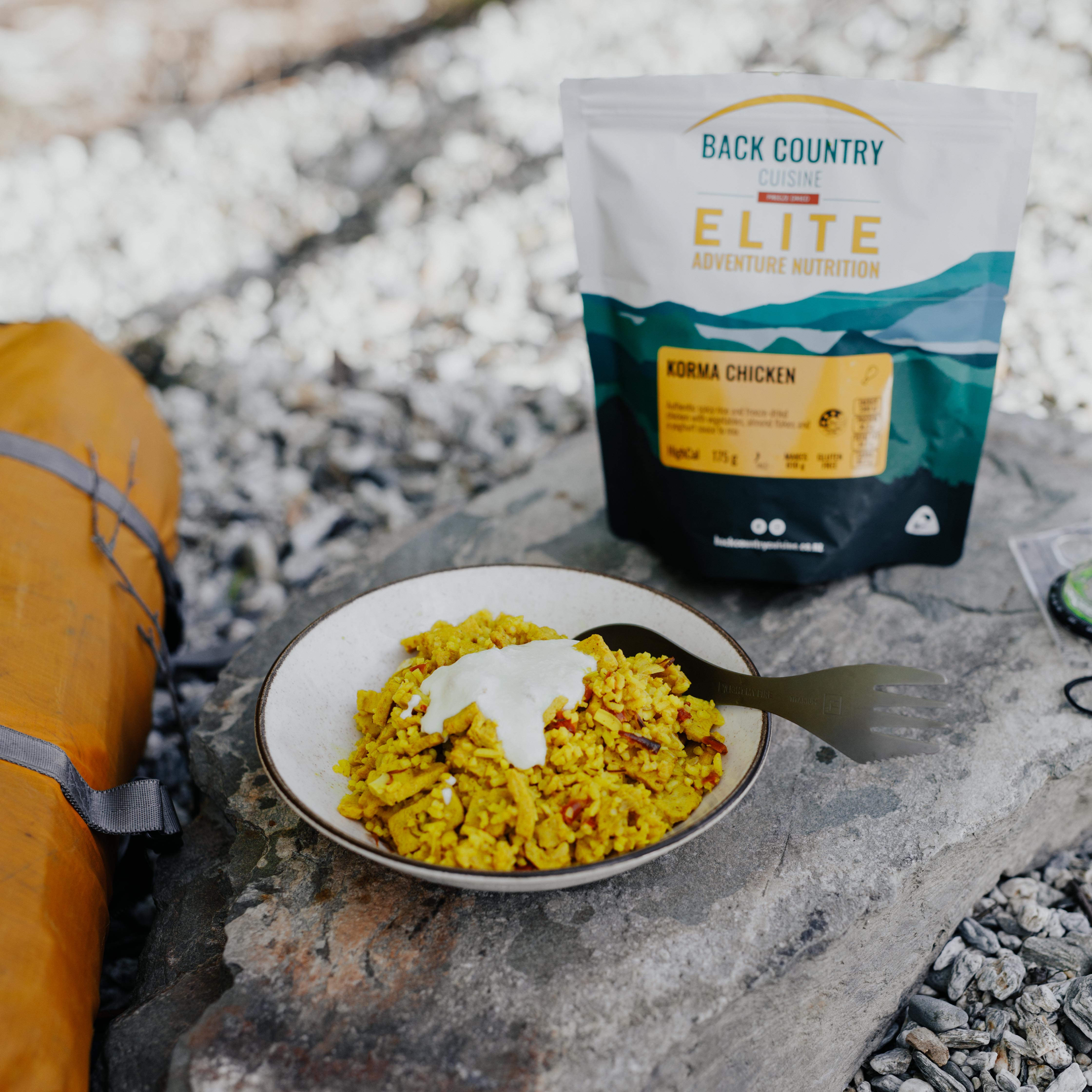 Back Country Cuisine Korma Chicken Elite Adventure Nutrition high cal 175g gluten free freeze dried camping meal mild spicy rice chicken with vegetables almond flakes yoghurt sauce makes 610g outdoor adventure food