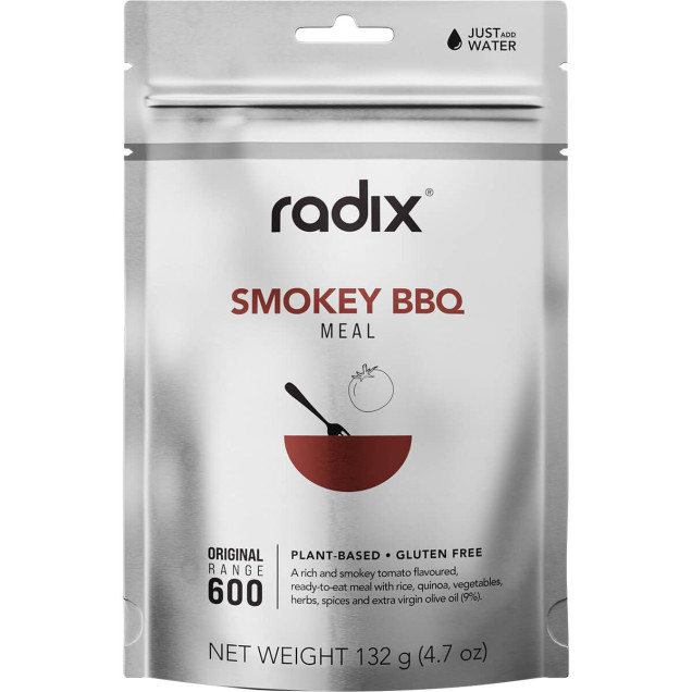Front of Radix Smokey BBQ pouch with deep red bowl graphic and subtle barbecue ingredient illustration on a silver background