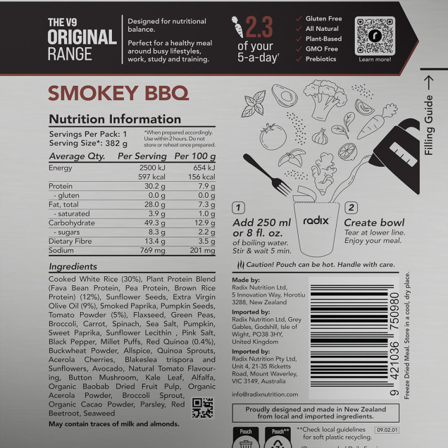Front of Radix Smokey BBQ pouch with deep red bowl graphic and subtle barbecue ingredient illustration on a silver background