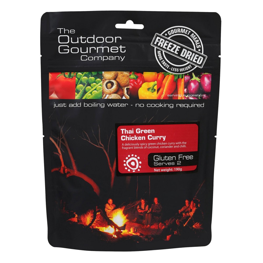 The Outdoor Gourmet Company Thai Green Chicken Curry 190g freeze dried gourmet meal gluten free serves 2 spicy green chicken curry with coconut coriander and chilli camping hiking outdoor food just add boiling water
