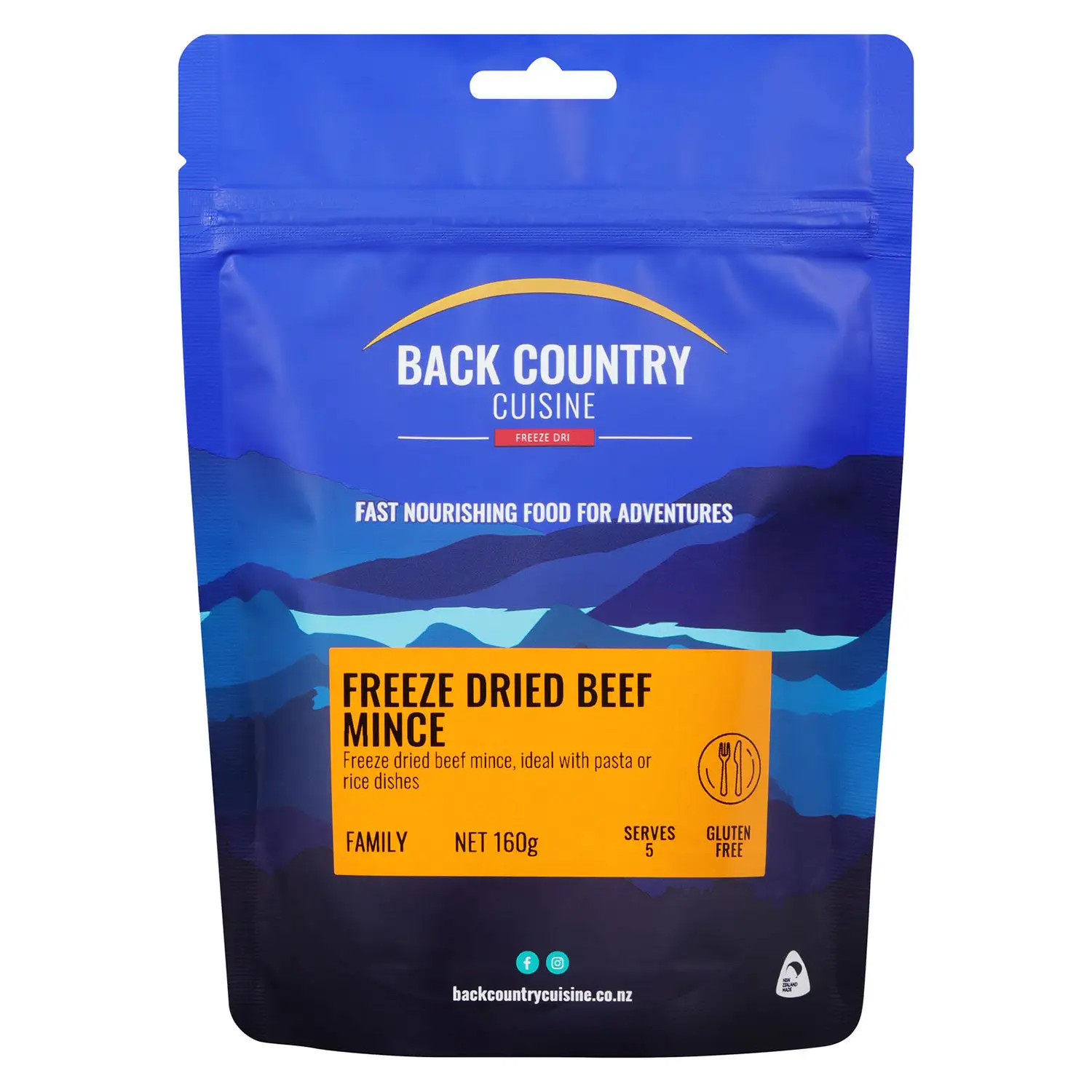 Back Country Cuisine Freeze Dried Beef Mince family size 160g gluten free camping food ideal for pasta or rice dishes serves 5 lightweight outdoor adventure ingredient