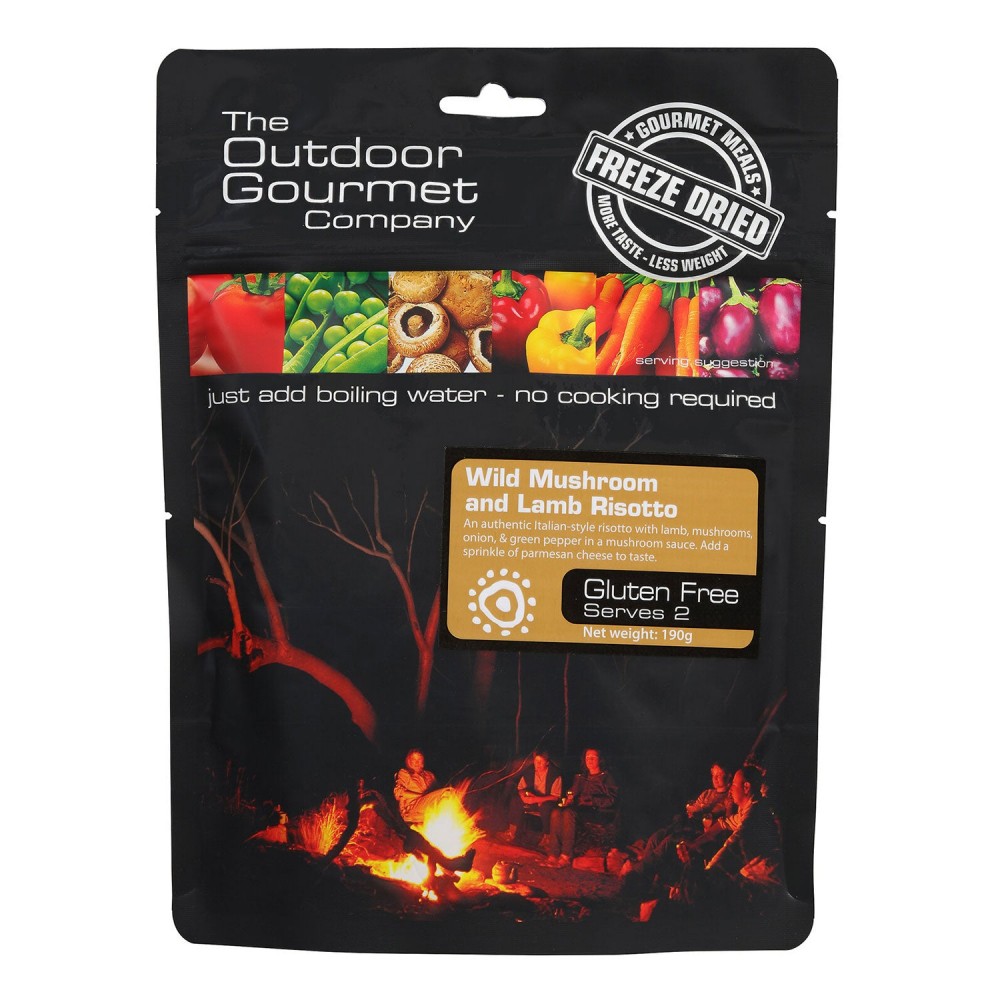 the outdoor gourmet company wild mushroom and lamb risotto freeze dried camping meal gluten free lightweight backpacking food serves two outdoor adventure meal