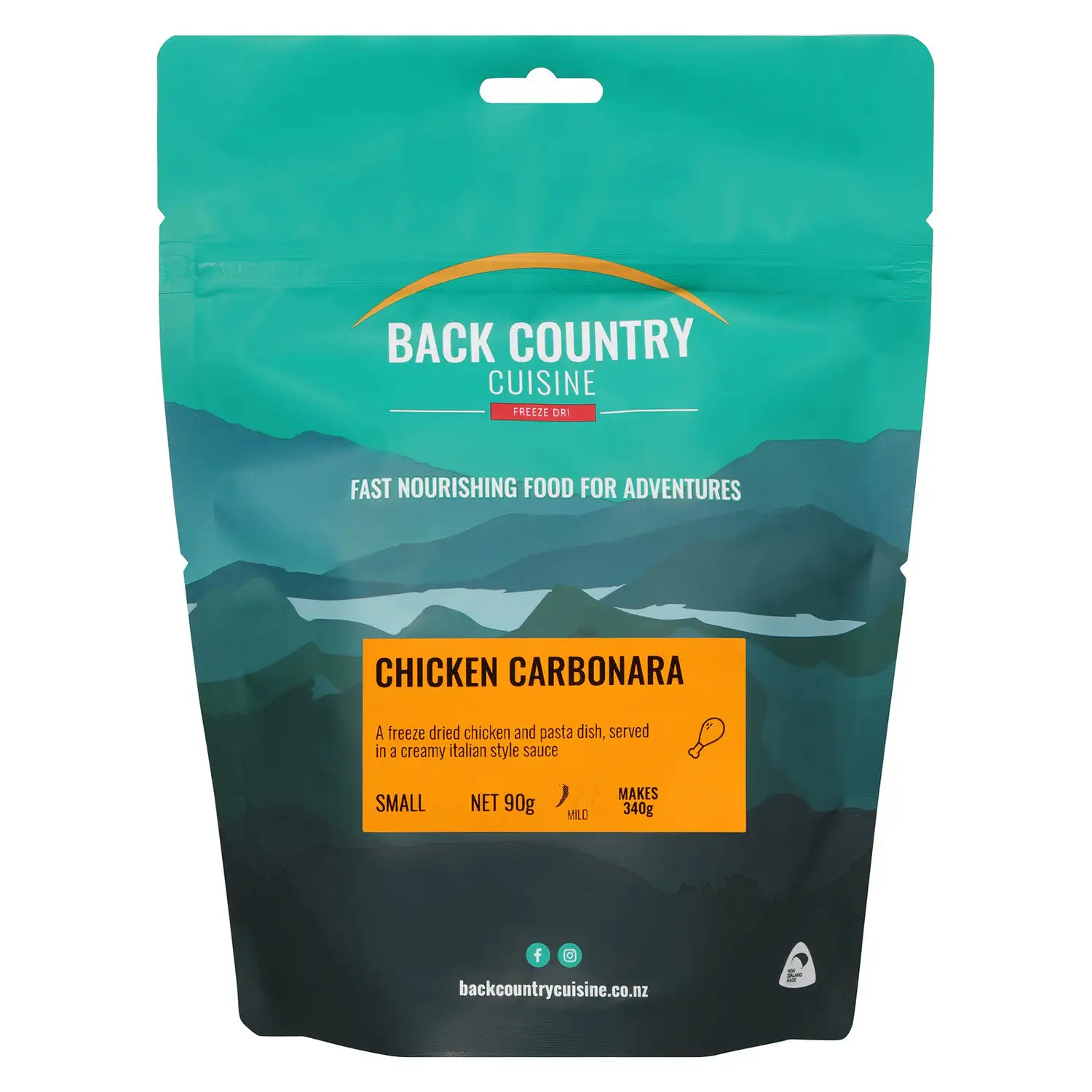Back Country Cuisine Chicken Carbonara Freeze Dried Meal Back Country Cuisine Chicken Carbonara small 90g freeze dried camping meal with chicken and pasta in creamy Italian style sauce for hiking and outdoor adventures