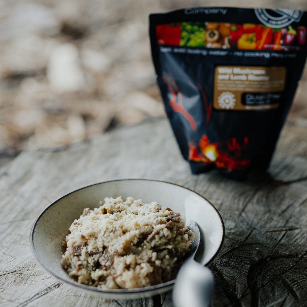 the outdoor gourmet company wild mushroom and lamb risotto freeze dried camping meal gluten free lightweight backpacking food serves two outdoor adventure meal