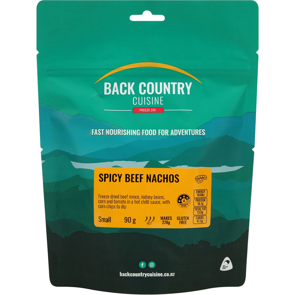 Back Country Cuisine Spicy Beef Nachos small 90g freeze dried beef mince with kidney beans corn and tomato in hot chilli sauce gluten free camping meal makes 278g lightweight outdoor adventure food