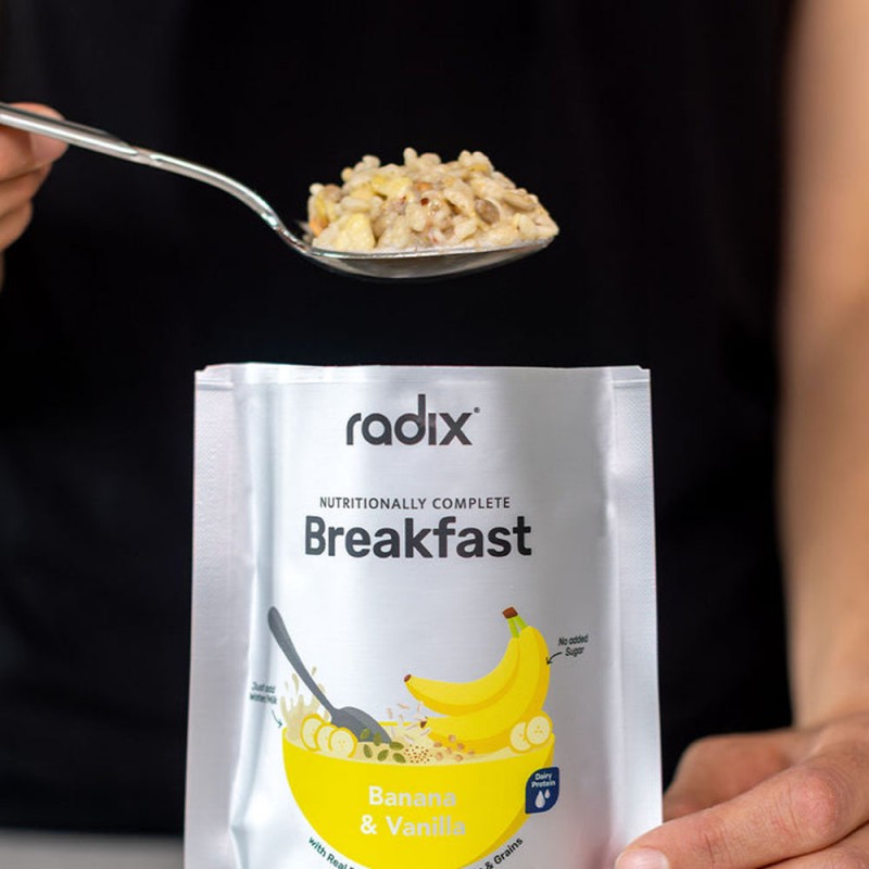 Front of Radix Banana & Vanilla Breakfast pouch featuring banana graphics and “Limited Time Only” label