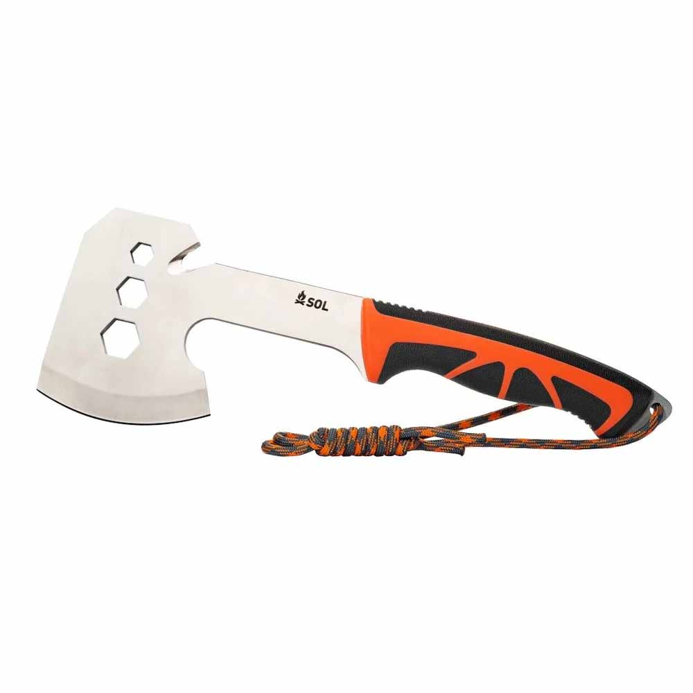 SOL Stoke Camp Hatchet – Full Tool View SOL Stoke Hatchet with stainless blade, ergonomic handle, and survival lanyard